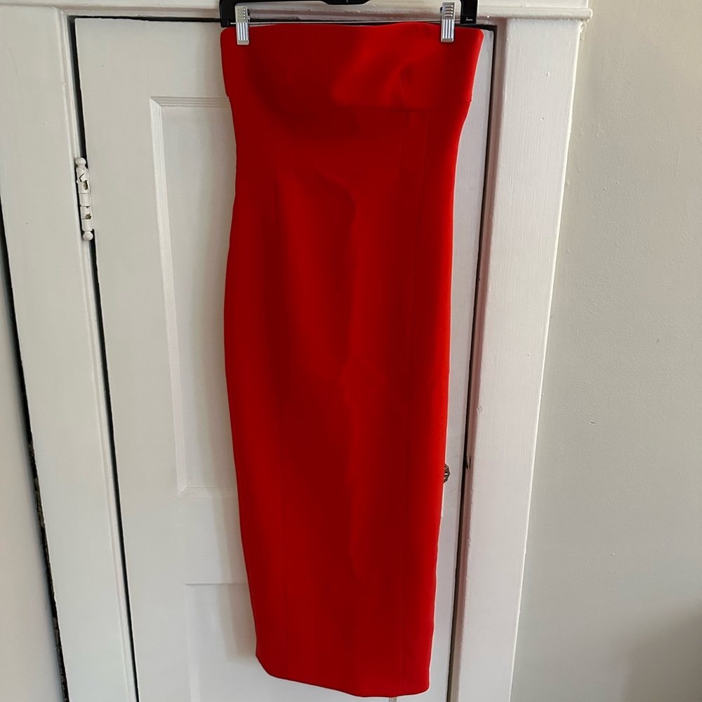 Red strapless dress
